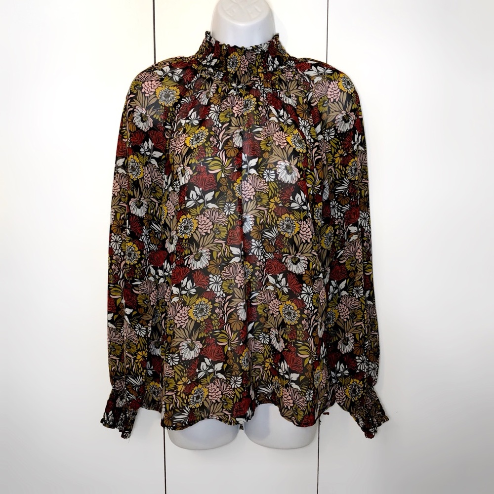 Philosophy floral sheer long sleeve mock neck blouse top